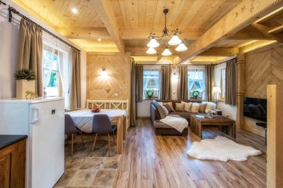 Salon z kominkiem oraz kuchnią w domku Cyrhlica koło miasta Zakopane - Cyrhlica House - domki Chochołów - zapraszamy. - domki zakopane, domki zakopane 